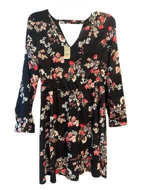 LOFT Black Floral V-Neck Dress with Red and Pink Blooms Sz SPetite